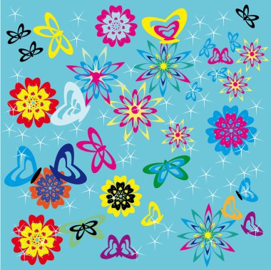 Abstract background with flowers and batterflies clipart