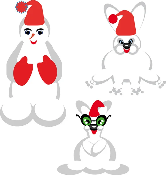 O boneco de neve e coelhos no fundo isolado — Vetor de Stock