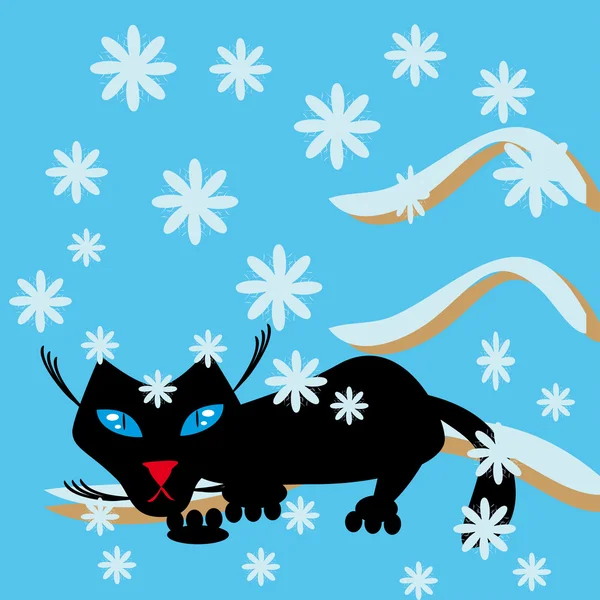 Black cat on a snow branch — Stock Vector