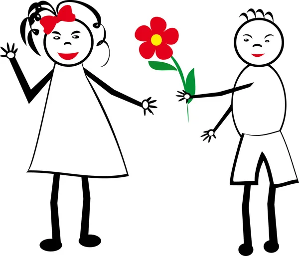 El chico le da flores a la chica. Un niño. Ilustración de stock