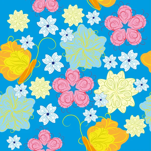 花朵与蝴蝶抽象无缝模式 — 图库矢量图片
