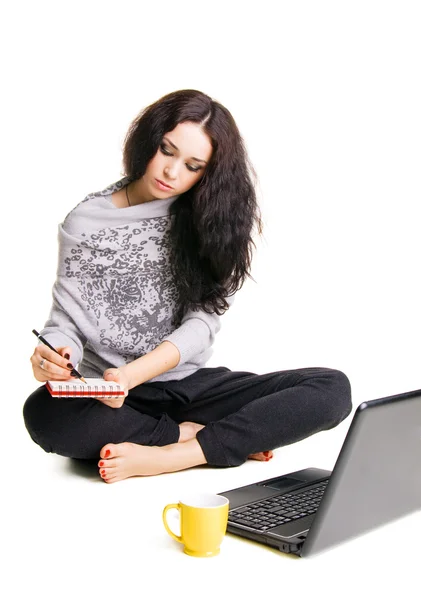 Bonita morena trabajando con laptop y notebook — Foto de Stock