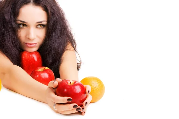 Pretty girl with fresh red apples and orange — Stock Photo, Image