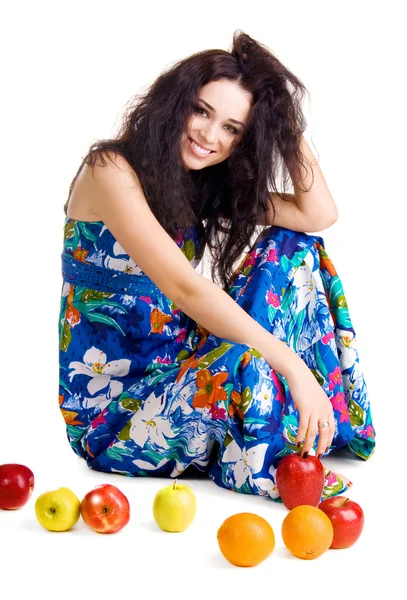 Happy young woman with fresh fruits — Stock Photo, Image