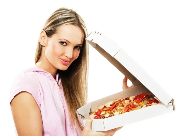 Mujer joven encantadora con una pizza entera —  Fotos de Stock
