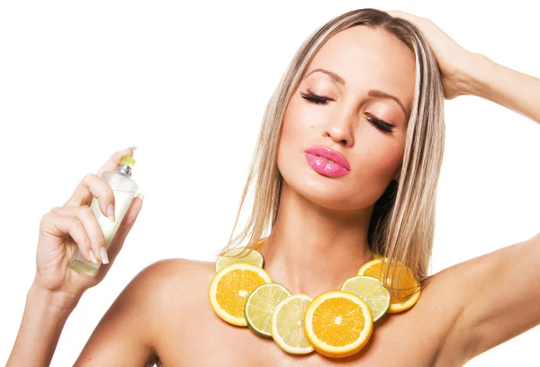 Beautiful healthy woman with perfume — Stock Photo, Image