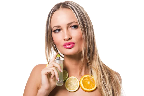Beautiful healthy woman with perfume — Stock Photo, Image
