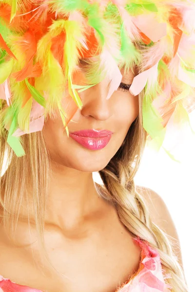 Lovely woman in colorful funny hat — Stock Photo, Image
