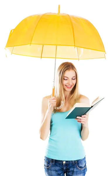 stock image Cute girl reading a book under umbrella