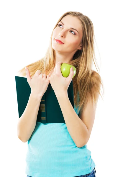 Lovely girl with book and apple — Stock Photo, Image