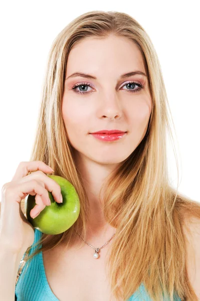 Όμορφη κοπέλα με πράσινο μήλο — Φωτογραφία Αρχείου
