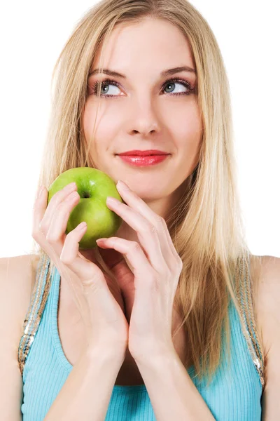 Yeşil elma ile şirin kız — Stok fotoğraf