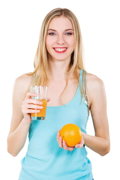 Schönes Mädchen mit frischer Orange und Saft — Stockfoto