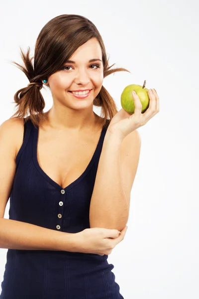 Härlig tjej med ett grönt äpple — Stockfoto