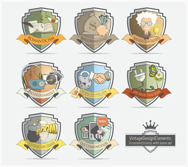 Icônes design avec badges boucliers — Image vectorielle