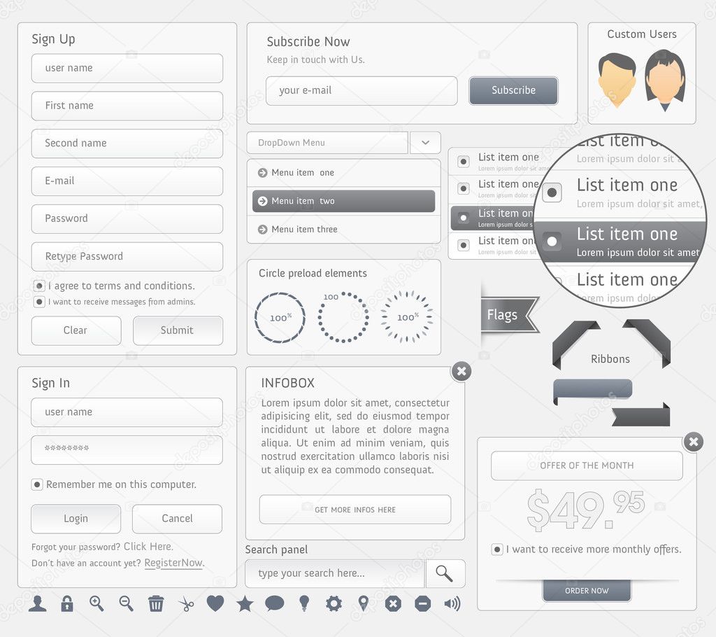 Web site design navigation template elements with icons set