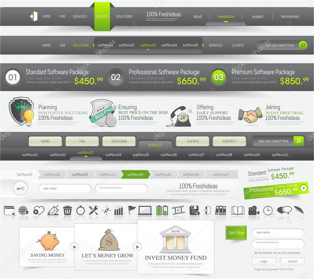 Web site design navigation template elements with icons set