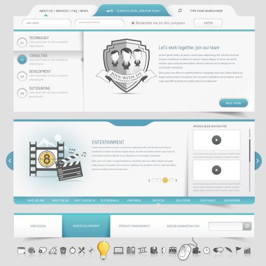 Web site template navigation elements with icons set clipart