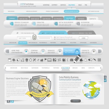 Web site template navigation elements with icons set clipart