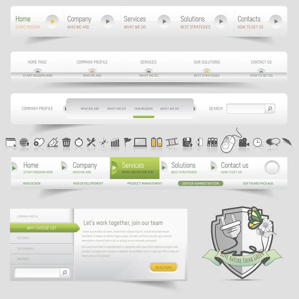 Navigasi templat desain web ditata dengan set ikon - Stok Vektor
