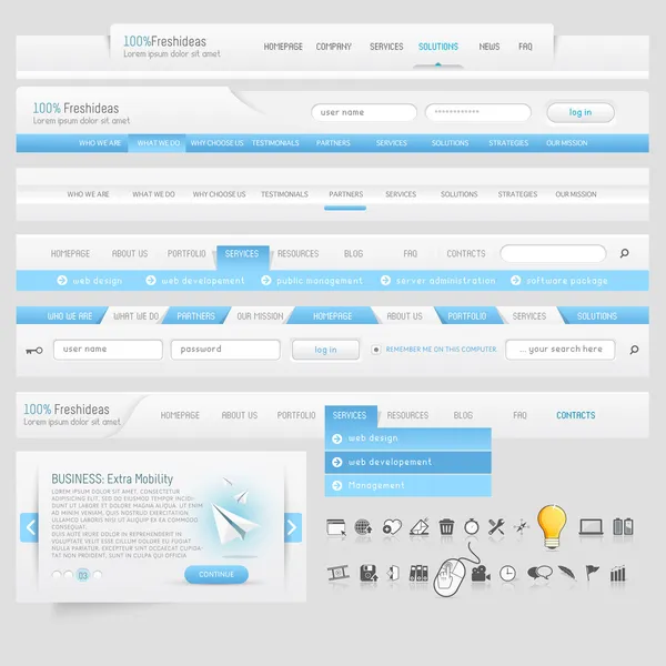Web site design navigation template elements with icons set — ストックベクタ