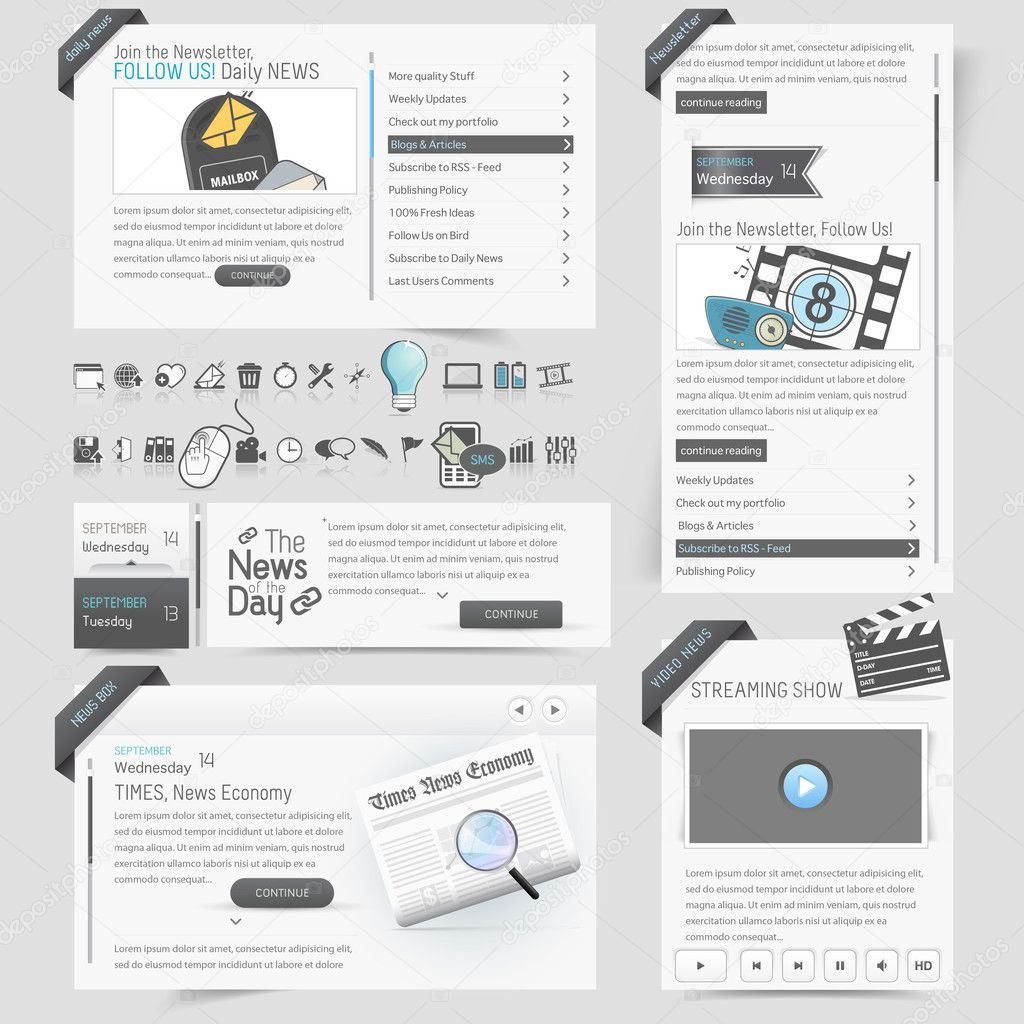 Web site design template elements with icons set