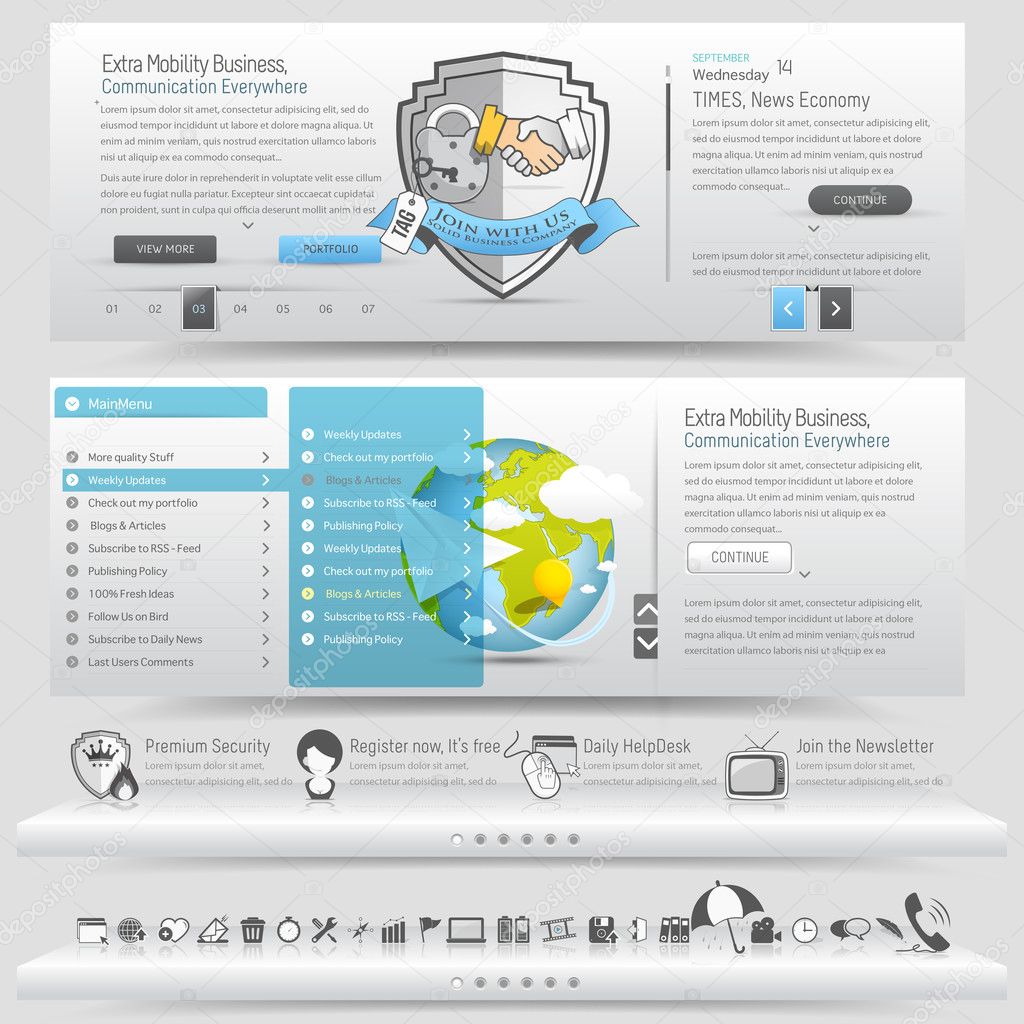 Web site design template navigation elements with icons set