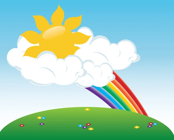 Clip Art Illustration of a Sun Peeking Out of Clouds with a Rain