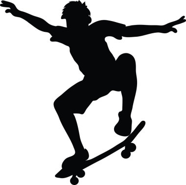 Clip Art Illustration of the Silhouette of a Boy Riding a Skateb clipart