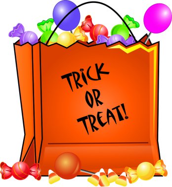 Clip Art Illustration of a Halloween Trick or Treat Bag Filled wi