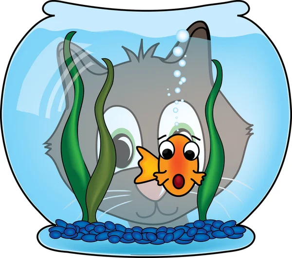 Clip Art Illustration of a Cat Looking at a Goldfish in His Fish — Stock Photo, Image