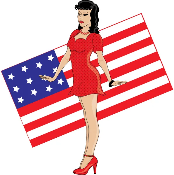 Clip Art Illustration of a 40's Pin Up Girl with American Flag B