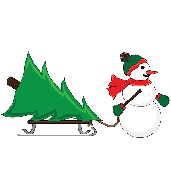 Κλιπ εικονογράφηση τέχνη του έναν χιονάνθρωπο τραβώντας ένα χριστουγεννιάτικο δέντρο σε ένα s — Φωτογραφία Αρχείου