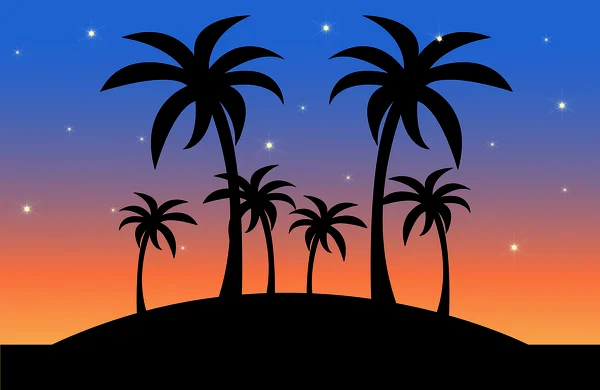 Εικονογράφηση art κλιπ μιας σκηνής τροπικό νησί στο ηλιοβασίλεμα με — Φωτογραφία Αρχείου