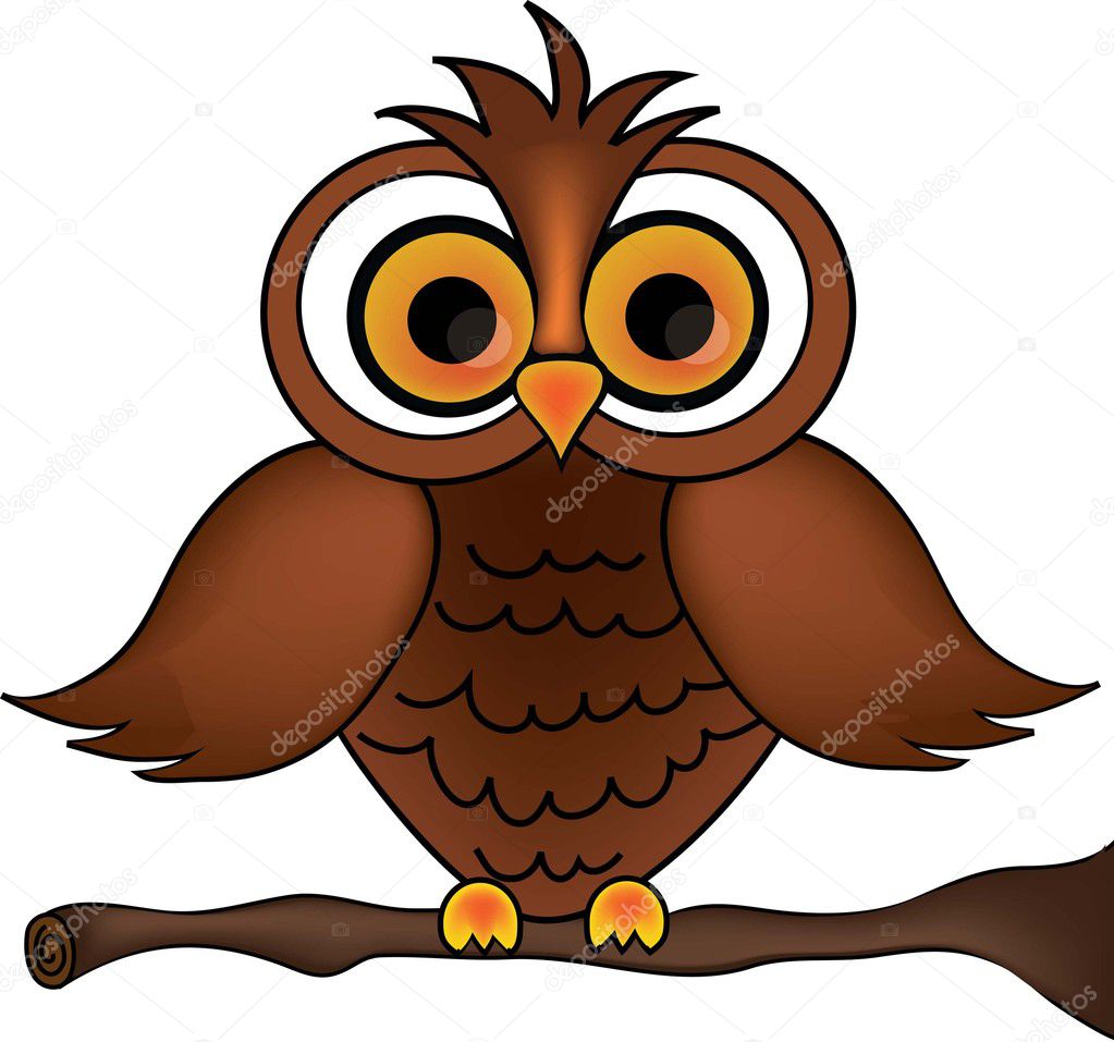 Clip Art Illustration of a Cartoon Owl on a Branch