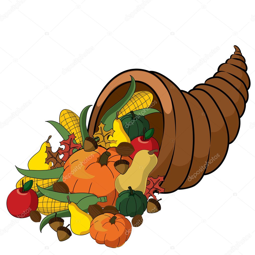 Clip Art Illustration of a Thanksgiving Cornucopia Full of Fall Foods