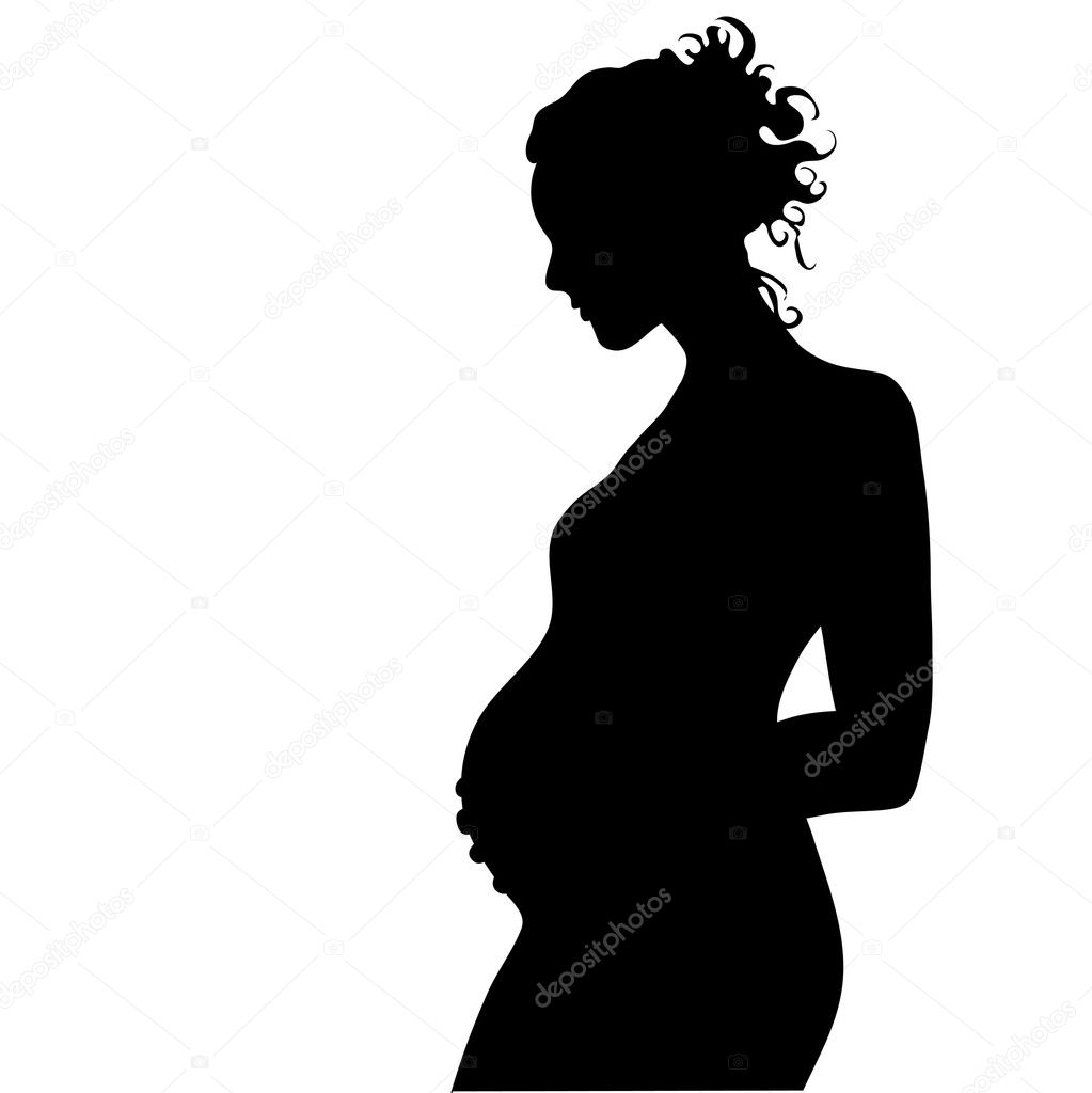 Clip Art Illustration of a Silhouette of a Pregnant Woman in Bla
