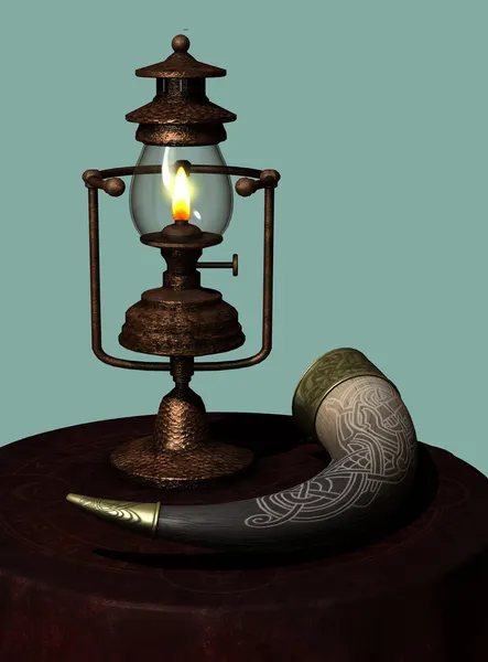 Oil lamp and drinking-horn — Stock Photo, Image