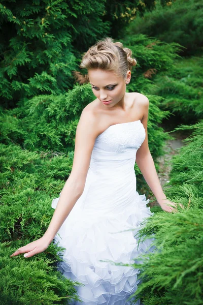 Piękna panna młoda w białej sukience — Zdjęcie stockowe