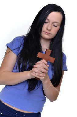 Caucasian woman praying isolated on white background clipart