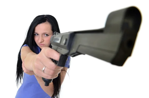 孤立在白色背景上的一把枪的女人 — 图库照片