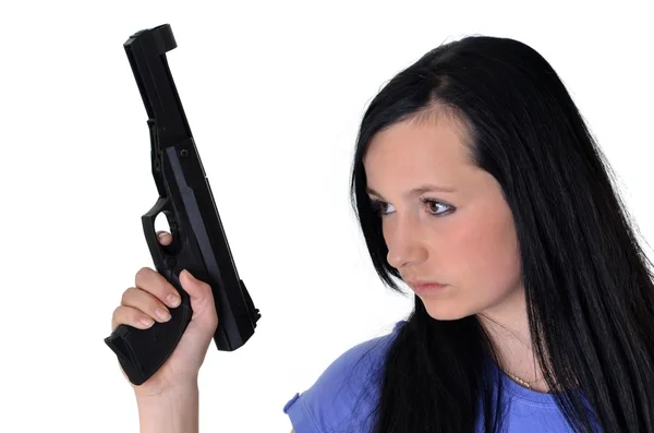 孤立在白色背景上的一把枪的女人 — 图库照片