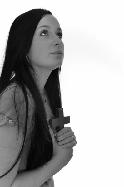 Kaukasische Frau betet isoliert auf weißem Hintergrund — Stockfoto