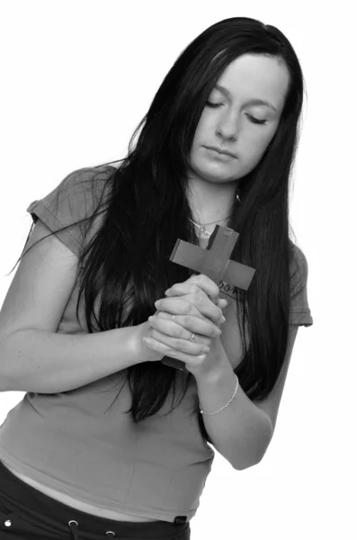 백인 여자에 고립 된 흰색 배경 기도 — 스톡 사진