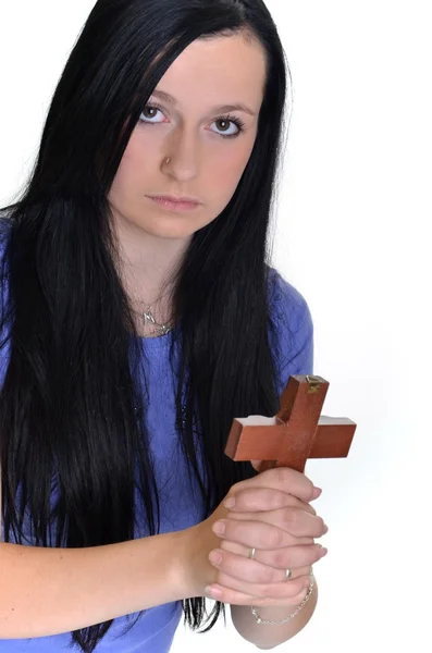 Kaukasische Frau betet isoliert auf weißem Hintergrund — Stockfoto