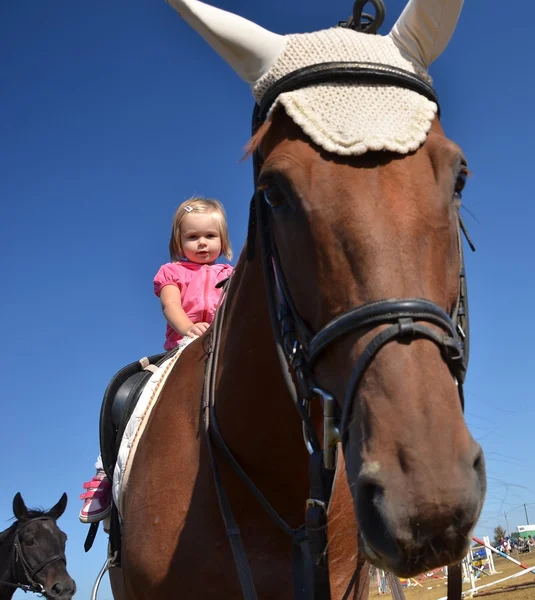 Very little girl on her black horse — Stock Photo, Image