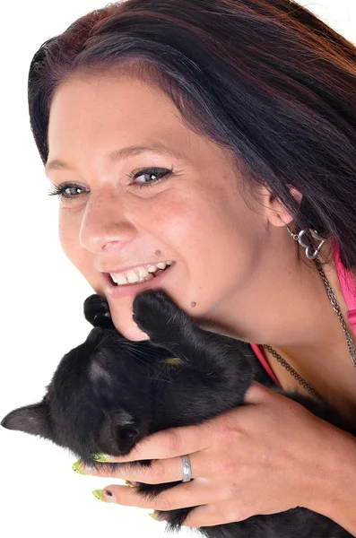 Mutlu kedi kadınla — Stok fotoğraf