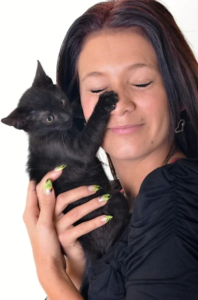 Gelukkige vrouw met kat — Stockfoto