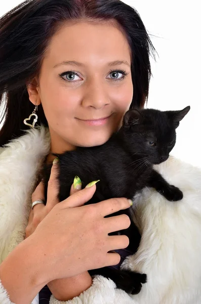 Boldog nő macskával — Stock Fotó
