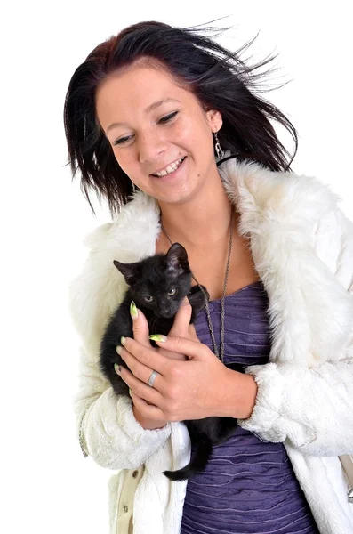 Donna felice con gatto — Foto Stock